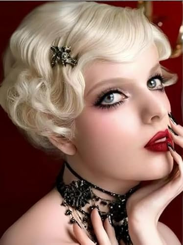 Salaibs Blonde Kurze Lockige Perücken für Frauen 1920er Jahre Figer Welle Perücke Synthetische Hitzebeständige Faser Cosplay Kostüm Halloween Haar Perücke