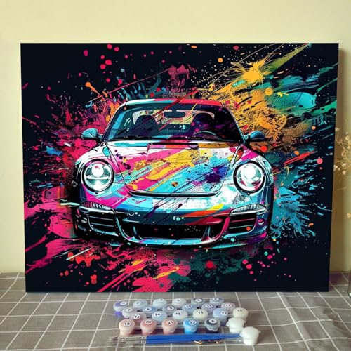 Très belle peinture de voiture de sport par numéro pour adultes, kit de peinture à l'huile sur toile avec pinceaux et pigments acryliques, style graffiti coloré pour décoration d'intérieur, 40,6 x