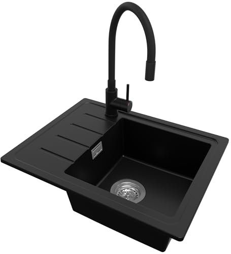 PRIMAGRAN Evier Cuisine en Granit Noir 55x44cm, Lavabo 1 bac + Kit de Vidage, Évier à Encastrer al mueble 45cm - Copenhague Easy S017