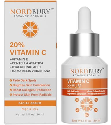 NORDBURY Vitamin C Serum, Pure 20% Vitamin C with Vitamin E & Hyaluronic Acid for Face Day & Night, Brighten Skin Complexion Boost Collagen Production Fade Dark Spots Protects Skin from Radicals