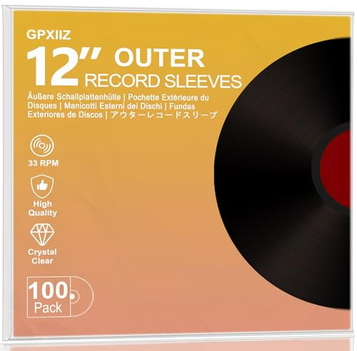 GPXIIZ Vinyl Sleeves Outer 12 Inch, 100 Crystal Clear Record Sleeves, 3 Mil Thick High-Density Polypropylene Plastic Protective LP Album Covers, Fit for 12 Single Double Albums & LPs
