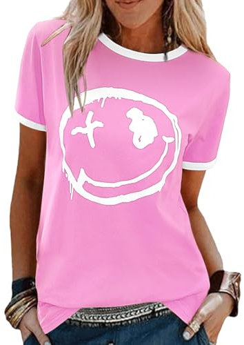 Lonya Maglietta Donna Manica Corta Estive T Shirt Girocollo Elegante Top Sorriso Faccia Stampato Camicia Tee Maglia Rosa,XL