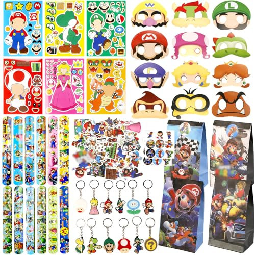 128PCS Mitgebsel Kindergeburtstag, Super Geburtstag Deko Party Mitgebsel Party Deko Kindergeburtstag Schlüsselschnalle DIY Aufkleber Maske Geschenktüten Schnapparmband Kinder Gastgeschenk Sticker