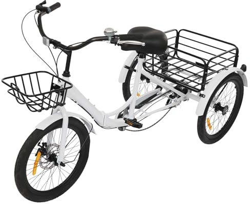 Dreirad für Erwachsene 20 Zoll Faltbares 3 Räder Lastenfahrrad 7 Gang Dreiräder mit Schloss udn 2 Korb,Sitzhöhe 77-93cm Lenkerhöhe 90-105 Faltbar Erwachsene 3 Rad Fahrrad Verstellbare Trike