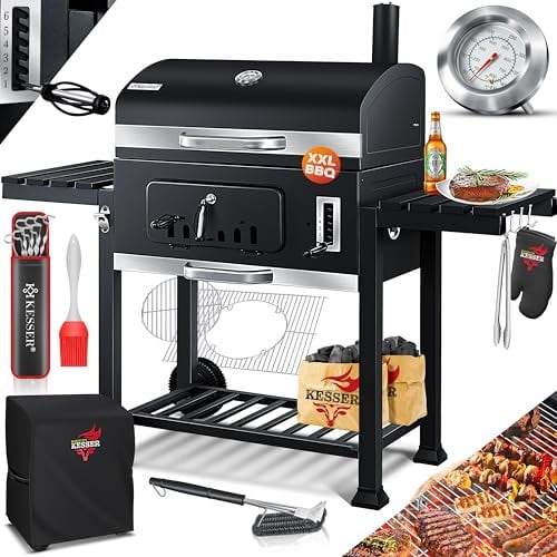 KESSER® Barbecue au charbon de bois XXL, couvercle, roues, poignée en acier inoxydable, thermomètre, grille, brosse, couvercle, 8 brochettes avec sac, pinceau en silicone, sur pied, chariot à charbon