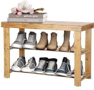 CROWNSHOP Shoe Bench Shoe Rack 3 Tier Shoe Storage Organiser Shelf Bamboo Stand Shoe Shelving Entryway strorage unit with Seat for Hall Bathroom Bedroom Living Room Hallway Natural
