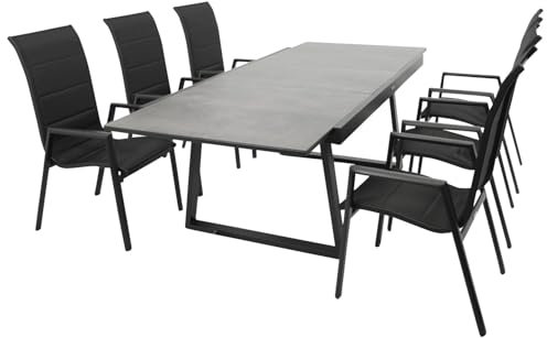 DEGAMO Gartenset Garnitur Reims 7-teilig (6X Stapelsessel Hochlehner, 1x Ausziehtisch 180/240x100), Alu anthrazit + Tischplatte Glas in Keramikoptik dunkelgrau
