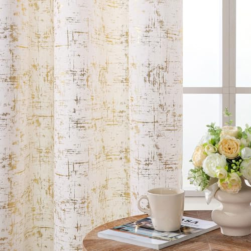 L.Z.E Blickdichte Vorhänge Gardinen für Schlafzimmer Wohnzimmer, Creme Samt Gardine Vorhang mit Gold Folien Muster, 145 cm Länge Kurz mit Ösen, 2er Set Schals 50% Lichtdurchlässig Sichtschutz