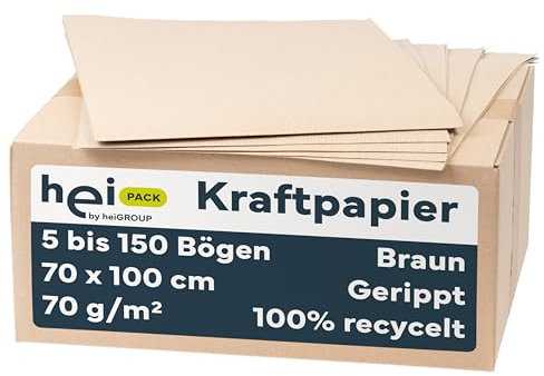 HeiPack - Kraftpapier 70 x 100 cm, 70 g/m² – 15 Blatt, DIN Format, Verpackungsmaterial, Packpapier, Bastelpapier braun, gerippt, 100% recycelt, Geschenkpapier natur, ideales Verpackungspapier