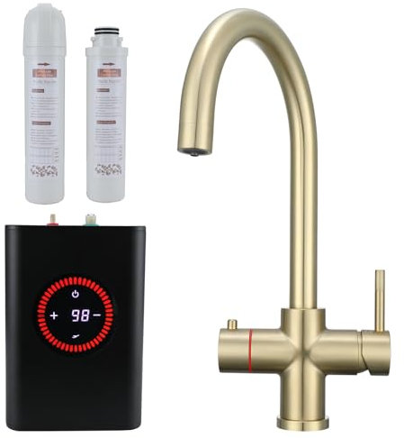 4 in 1 Boiling Water Tap Boiling, Filtered Cold, Main Hot & Cold Instant Hot Water Tap with Boiler Unit and Filter Temperature Adjustable WRAS Approved Burshed Gold