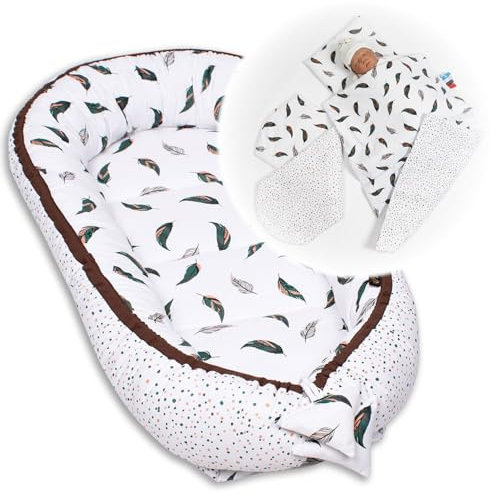 PaLulli Babynest 4-TLG Set 95x55 cm | Babyausstattung mit Matratze & Kuscheldecke | 100% Baumwolle, hypoallergen | Babybett Nestchen für Neugeborene 0-8 Monate (Federn)