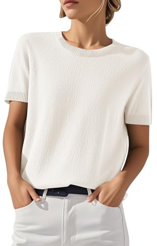shownicer Femmes Pull Manches Courtes Printemps Été Sweatshirt Col Rond Top Tricot Couleur Unie Casual Pullover A Blanc S