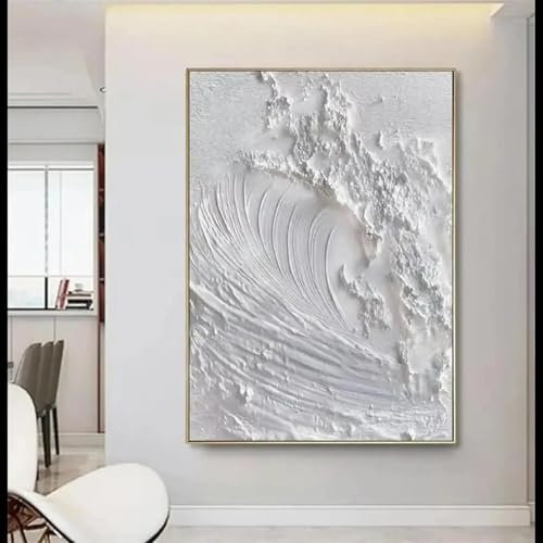 Peinture murale abstraite minimaliste blanche texturée représentant une vague de l'océan sur toile, décoration murale pour salon, cadre 40 x 60 cm
