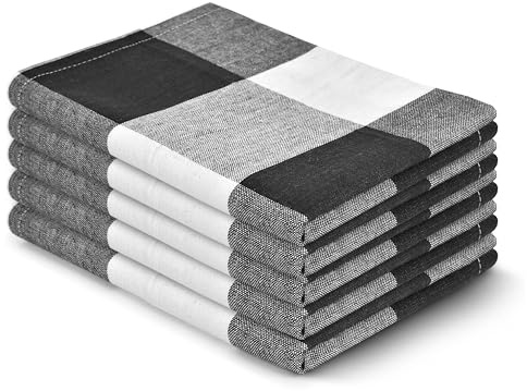 Elfranso Fresco Cotton Tea Towels, Set of 5, Black and White Plaid Super Absorbent & Quick Drying, Long Lasting Hotel Quality Kitchen Towels Set (X Large, 5, count)