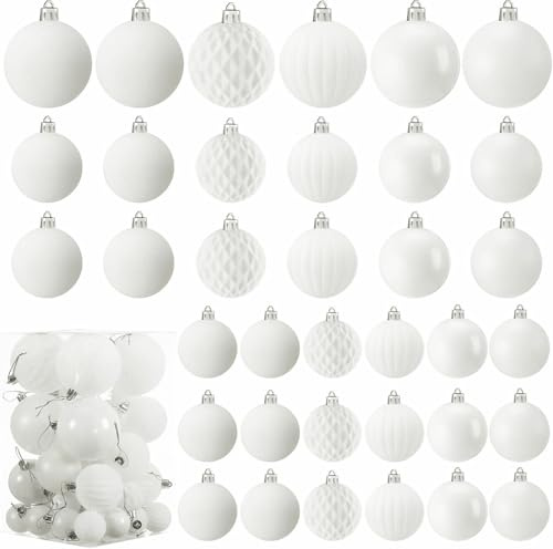 Soulchen 42-teiliges Samt-Weihnachtsschmuck-Set, beflockte weiße Weihnachtskugeln, zum Aufhängen, bruchsicher, mit 5 Stilen in 3 Größen für Weihnachtsbaum, Urlaub, Innen- und Außenbereich