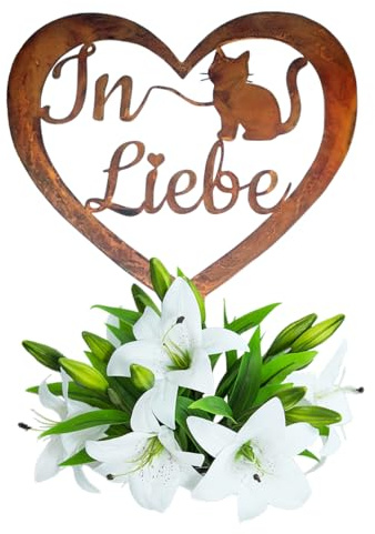 Grabschmuck Herz Wetterfest,Vorgerostete Grabdekoration Katze,35cm Haustier Fellnase