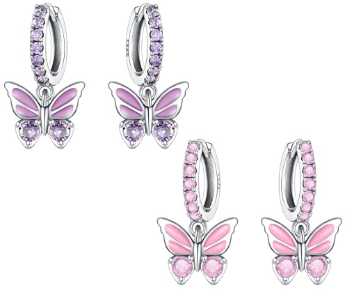 CYCUFF 925 Sterling Silber Hoop Ohrringe Bunte Cubic Zirkonia Schmuck Ohrringes für Frauen Set Ohrring Geschenke für Sie (Lila & rosa Schmetterlings ohrringe im Set)