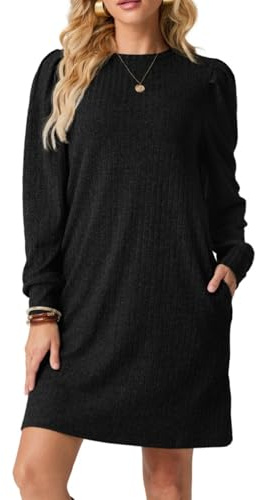 PrinStory Schwarzes Kleid Elegant Pulloverkleid Für Damen Winter Pulloverkleid Freizeitkleider Mit Taschen Elegant Schickes Minikleid (Schwarz, L)