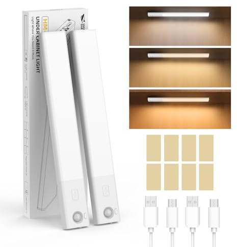 Smiling Shark Unterbauleuchte, HM-01 Schranklicht Lichtleiste Kabellos LED Magnetische 1200mAh Bewegungsmelder & 3 Farbtemperaturen Stufenlos Dimmbar Schnellladung für Küche Kleiderschrank (2 Pack)