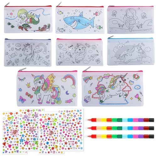 YYUEZHI 14 Stück Federmäppchen Zum Bemalen Für Kinder Einhorn, Stoffbeutel Zum Bemalen Mit Motiv, und Zip, Mit Wachsmalstifte Stapelbar, Glitzersteine Selbstklebend, DIY Mäppchen für Mädchen, Jungs