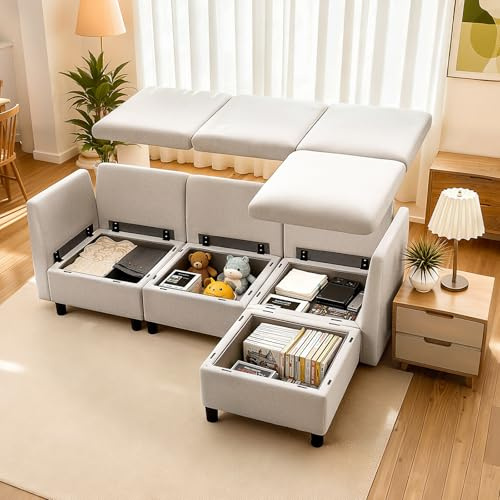 VEVOR Modular Sectional Sofa, 3-Seater Modular Sofa with Hidden Storage, Cloud Sectional Couch with Ottoman & High Rebound Sponge, Solid Wood Frame Upholstered Couch for Living Room, Bedroom, Beige