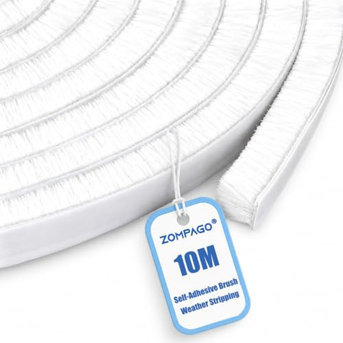 ZOMPAGO Draft Excluder for Doors & Windows, Self-Adhesive Brush Seal Strip | White Weather Stripping, Noise Reducing & Dustproof Draught Excluder for Wardrobes, Cabinets, 10m(L) x 9mm(W) x 5mm(T)