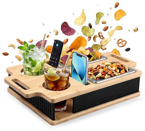 ITClosud Couchbar Snackbox, Bandeja de Bambú para Sofá, Bandeja para Sofá, con 2 Cuencos de Acero Inoxidable, Soporte para Teléfono y Bebidas, para Sofá, para Dormitorio, Jardín, Camping