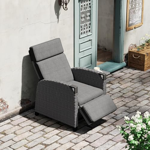 Amopatio Relaxliege Liegesessel, Rattan Sonnenliege mit Verstellbar Rückenlehne und Klapptisch, Outdoor Gartensessel wetterfestes, für Terrasse, Garten, Balkon – Grau