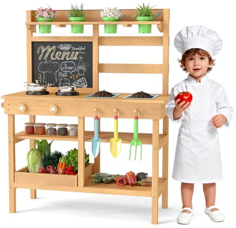 DREAMADE Matschküche Kinder Outdoor, Kinderküche mit abnehmbaren Spülen, Tafel, Herd, Blumentöpfen & Gartenwerkzeugen, Spielküche Holz, Outdoor Küche für Jungen & Mädchen ab 3 Jahren