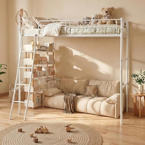 FetiNes Hochbett 90x200 cm Robustes Metallbett Gestell für Erwachsene und Jugendliche mit Rausfallschutz und Lattenrost, Flexibel nutzbarer Raum unter dem Eisenbett,Weiß