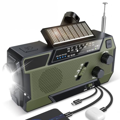 Kurbelradio Notfallradio 4000mAh (14800 mWh) Akku, Powerbank mit 3 integrierten Kabeln, Radio mit Kurbel und Solar, AM/FM SOS Alarm Taschenlampe Notfall Kurbel Radio für Camping Outdoor Stromausfall