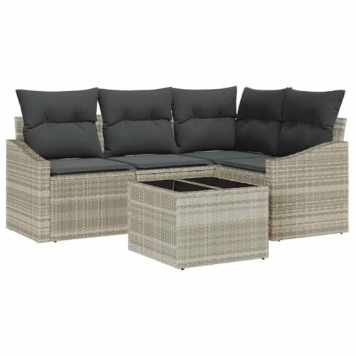 KPOUTRFG Poly Rattan Gartensofa 5 TLG hellgrau Sitzgruppe mit Kissen, 5-TLG Gartensofa Poly Rattan hellgrau