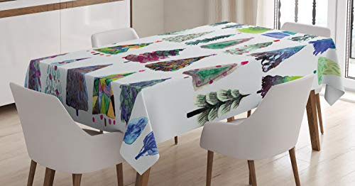 ABAKUHAUS Weihnachten Tischdecke, Aquarell Tannenbaum, Personalisierter Druck Klare Farben ohne Verblassen Waschbar für Außen Bereich, 140 x 200 cm, Weiß Blau Grün