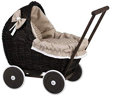e-wicker24 Alles aus Weide Puppenwagen aus Weide mit Bettwäsche perfekte Geschenkidee Korbpuppenwagen schöner Spielzeug aus Korbgeflecht Korbwagen für Puppen Spielzeug für Mädchen (Beige)