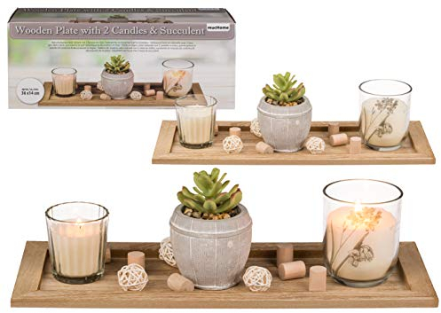 mucHome Naturfarbener Deko-Holzteller Dekoteller Geschenkset mit 2 Kerzen im Glas, Sukkulente im Keramik-Topf & Holzdeko, in Geschenkkarton ca. 36 x 14 x 11cm stimmungsvolle Tischdekoration