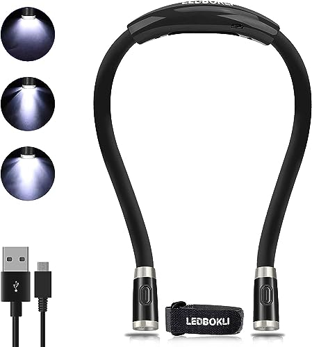 LEDBOKLI Halslampe LED Leselampe Buch Klemme mit Augenschutzmodus Buchlampe Wiederaufladbar 660mAh 3 Helligkeiten 6500-7000K Flexibel Arme Perfekt zum Lesen, Stricken, Reparieren, Campen, Schwarz