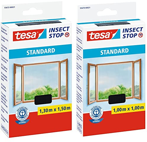 TESA5 tesa Fliegengitter für Fenster, Standard Qualität, anthrazit, 1,3m x 1,5m & Insect Stop STANDARD Fliegengitter für Fenster - Mückenschutz ohne Bohren - 1 x Fliegen Netz anthrazit - 100 x 100 cm