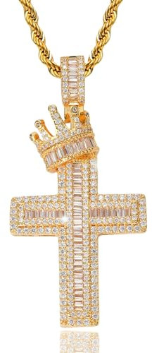 ICEDIAMOND Iced Out Royal Crown Cross Pendant with Rope Chain, Full Shiny CZ Lab Diamond Necklace, Hip Hop Stylish Jewelry for Men Women (Gold,24''Rope)