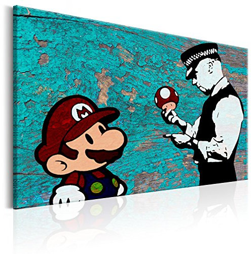 murando - Akustikbild Banksy Super Mario Mushroom Cop Bilder Akustikschaum Hochleistungsschallabsorber Schallschutz Leinwand 1 tlg Wandbild Raumakustik Schalldämmung Street Art