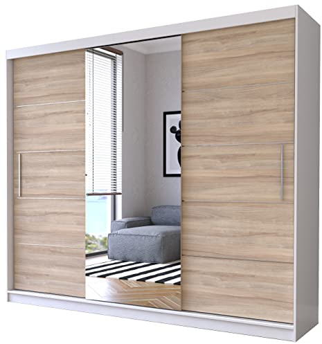 Fabryka Mebli Idźczak Kleiderschrank mit Spiegel, Schiebetüren - Schwebetürenschrank, Schlafzimmerschrank - 61 x 233 x 218 cm - Schrank für Schlafzimmer, Ankleidezimmer, Garderobe - Sonoma, Weiß