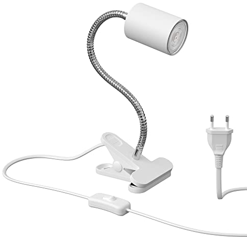 ledscom.de Klemmleuchte WAIKA mit Schwanenhals und Schalter weiß matt + GU10 LED, PAR16, warmweiß, 6,05W, 374lm, 70°, 3-Stufen-Dimmer