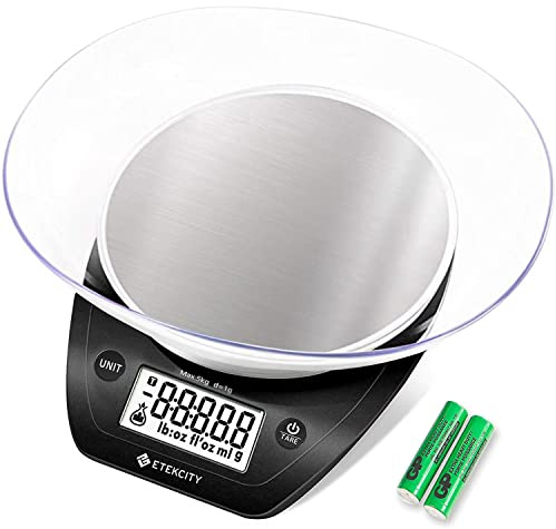 Etekcity Báscula de alimentos de 0.1 g, cuenco, gramos digitales y onzas para pérdida de peso, dieta, hornear, cocinar y preparar comidas, 11 libras/5 kg, acero inoxidable negro