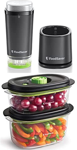 Foodsaver VS1199X Envasadora al vacío de alimentos inalámbrica y portátil, con base de carga, 1 recipiente & FoodSaver Recipiente para conservar y marinar al vacío, Hermético, Libre de BPA