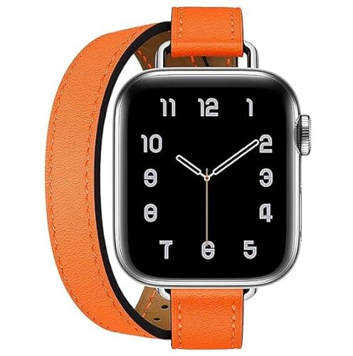 MOOTES Bracelet Cuir,Compatible avec Apple Watch Band 38mm 40mm 41mm,Femmes Slim Bracelets Double Tour en Cuir Véritable pour iWatch Series 8/7/SE/6/5/4/3/2/1(38/40/41mm,Double Tour -Orange)