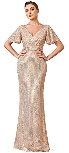 Ever-Pretty Women's V Neck Backless Mermaid Sequins Empire Waist Ruffle Sleeves Elegant Evening Dresses Rose Gold 18UK
