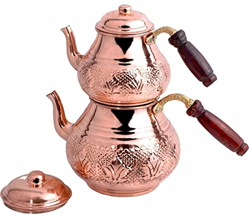 UTHTY Tea Kettle Turkish Copper Teapot Kettle Handmade 4 Pieces Kitchen Tea Set Traditional Tea Coffee Boiler Wooden Handle Gift Teapots