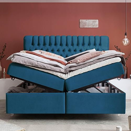 Boxspringbett mit XXL Bettkasten Chester 160x200cm Samt, ohne Topper, Hotelbett, Acrylfüße, 7 Zonen Taschenfederkern-Matratze, Lieferung und Aufbau KOSTENLOS (Petrol, 160x200 cm ohne Topper)