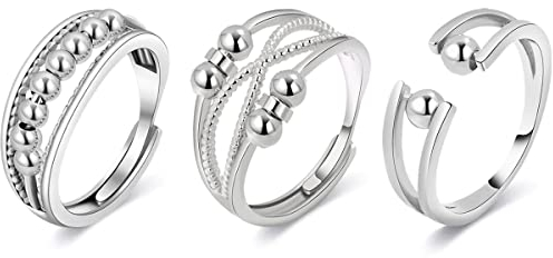 Verstellbare Anti Stress Ringe, Ringe für Damen, Angst Daumen Zappel Ring, Verstellbare Spinnerringe für Angst Damen, Angst Fidget Ringe, Anti Angst Mode Ring mit Perlen Schmuck, Anxiety Ring Silber