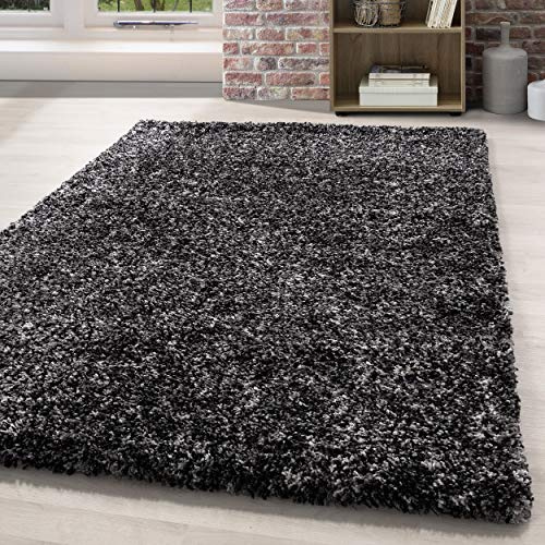 HomebyHome Hochflor Teppich 280x370 cm Anthrazit XXL Shaggy Langflor, Meliert, Flauschig & Pflegeleicht, Jute-Rücken Für große Wohn- oder Esszimmer