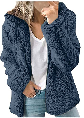Womens Fleece Hoodie Jacket Sherpa Lined Full Zip up Winter Warm Soft Teddy Hooded Sweatshirt Fluffy Jumper Hoody Sweater Coat Overcoat Cardigan Ladies UK Clearance Blue